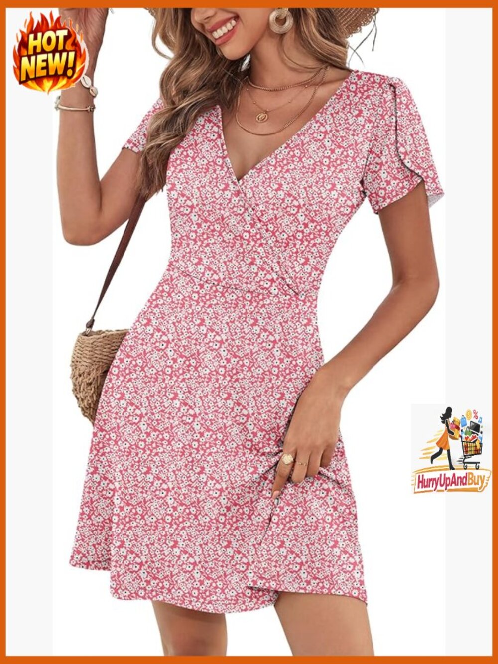 Wrap V Neck A-Line Mini Dress Flowy Boho Casual Summer Beach Vacation Sundress - Picture 1 of 7